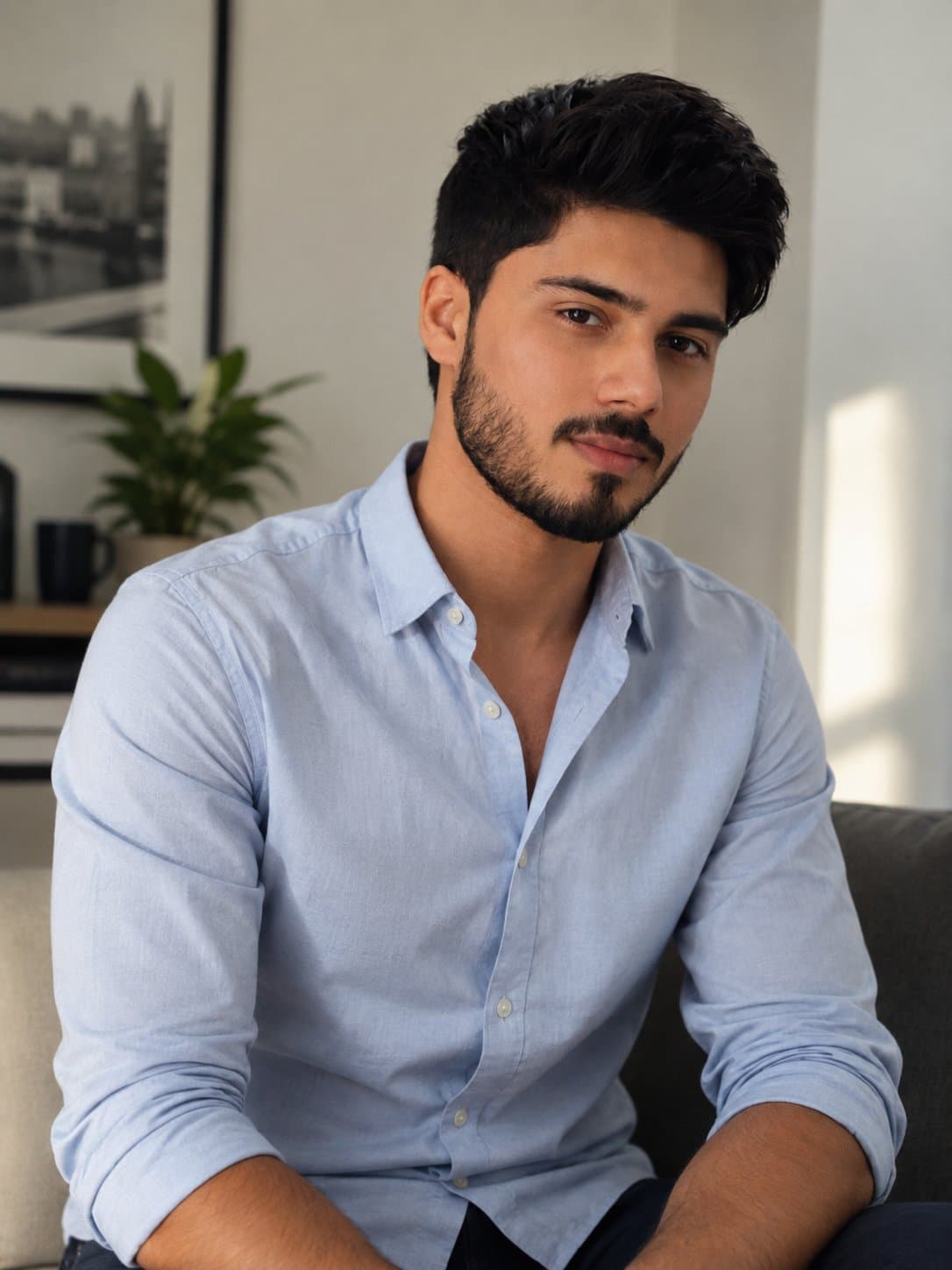 Jay Joshi, founder of The Simp Company, in a light blue shirt, sitting in a bright living room